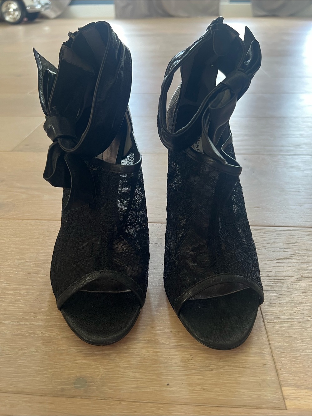 Charles David Black Lace Peep-Toe Ankle Wrap Heels with Bow